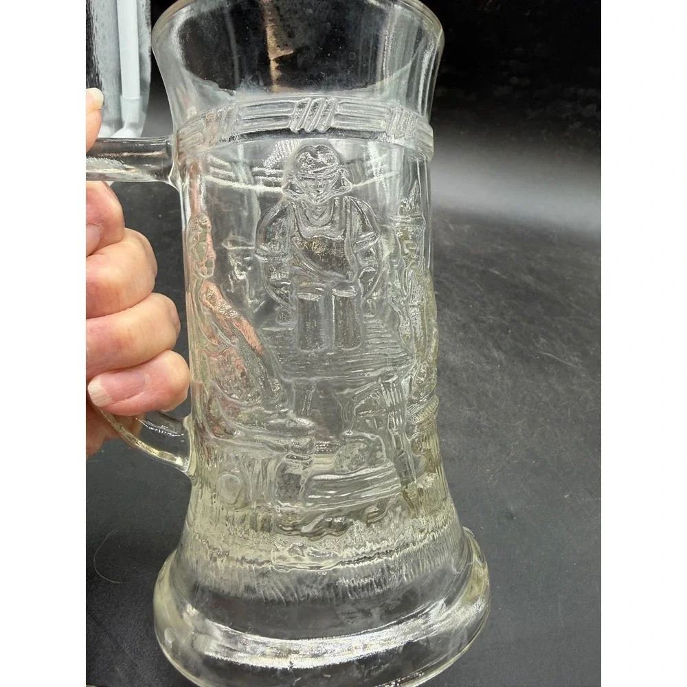 Vntg‎ Pressed Glass Beer Stein Tavern Scene Embossed Clear Glass Mug Collectible